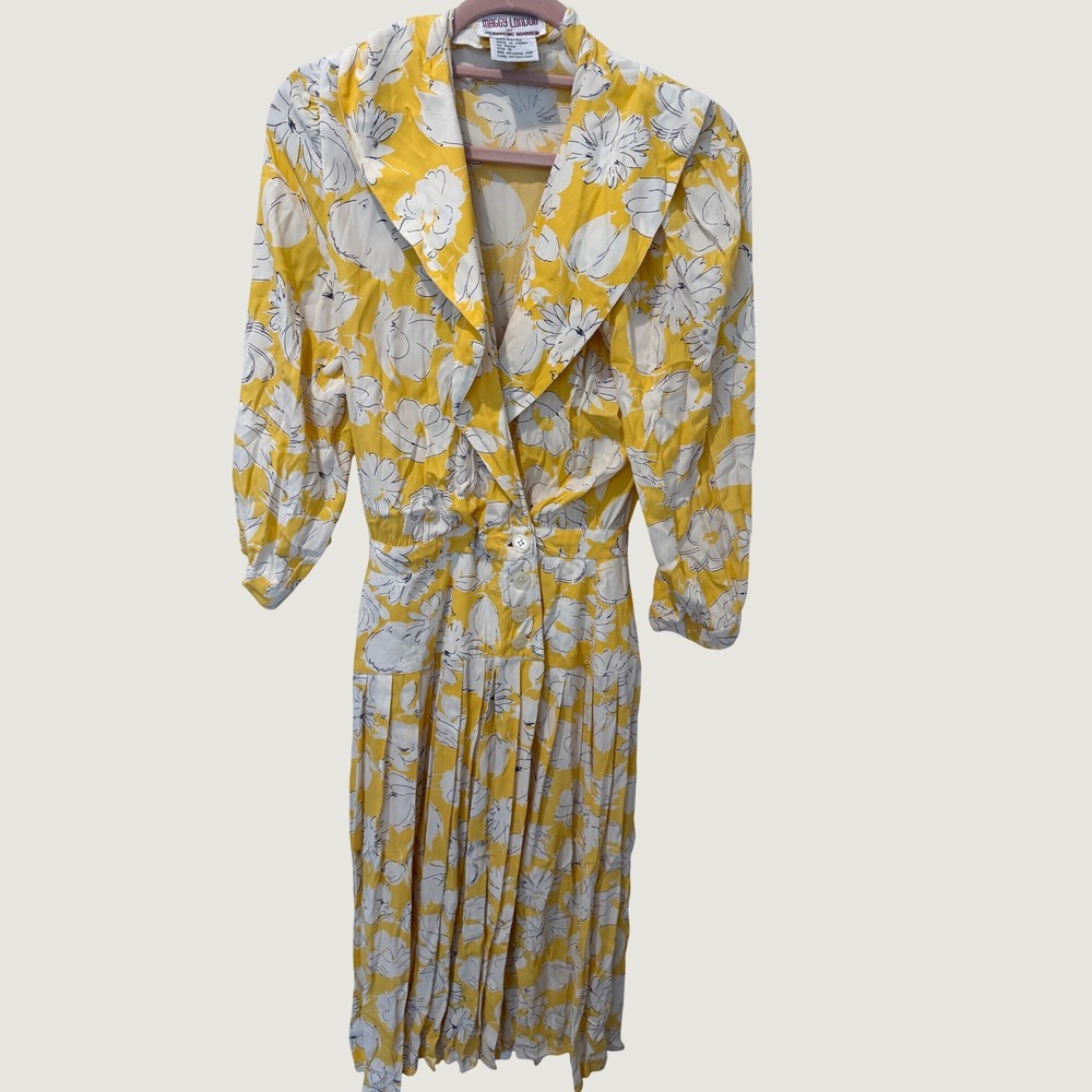 Vintage 80s Maggy London Floral Shawl Collar Pleated Midi Dress